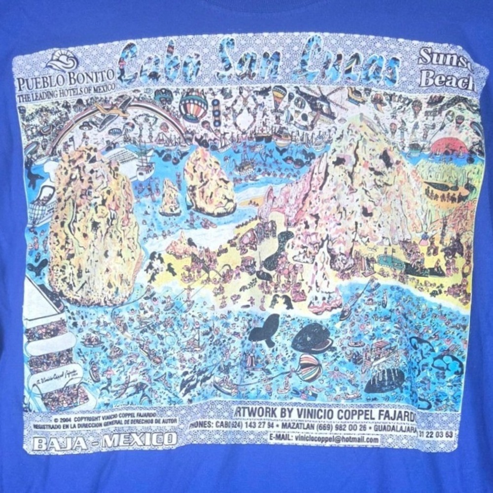 M&O Knits T-Shirt Mens XL Blue Cabo San Lucas Pueblo Bonito Graphic 2004 Shirt